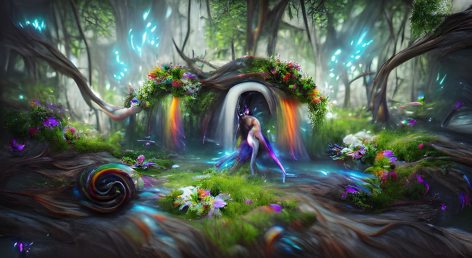 Ancient Fey Portal with Rainbow Flowers