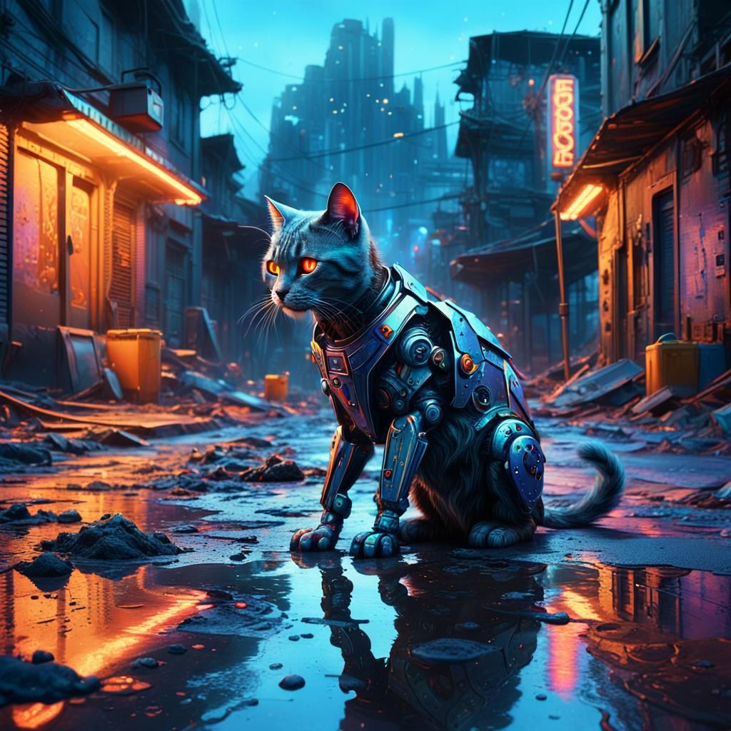 Glowing Robot Cat Cleans Abandoned Street in Neon Dusk