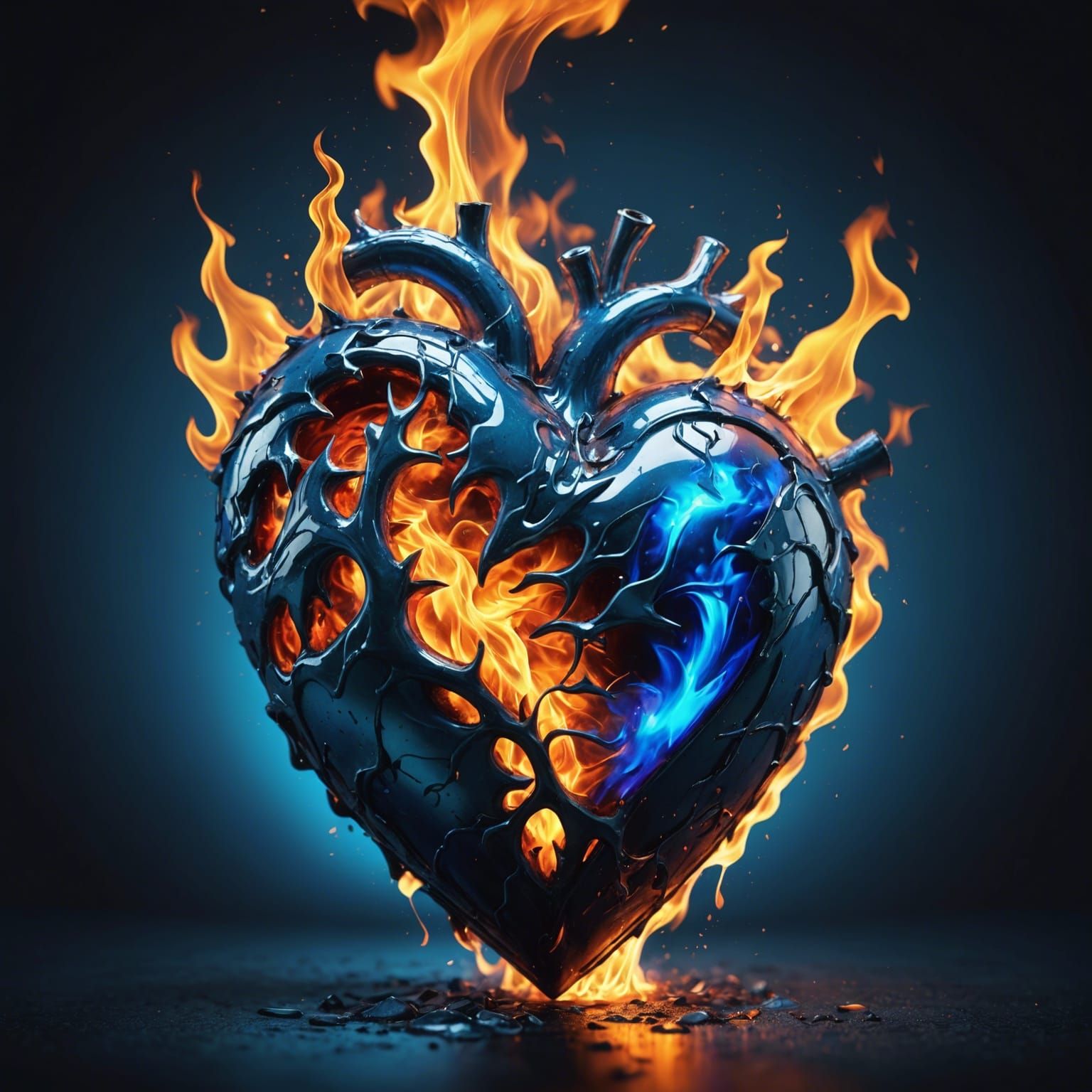 Burning Heart in Blue Fire, Hyperrealistic Art