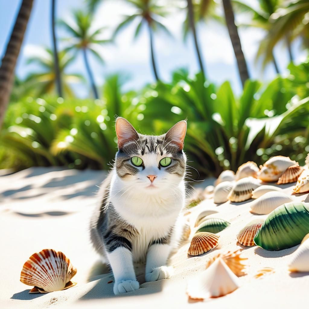Cat Peeking from Shells on Hawaii Beach