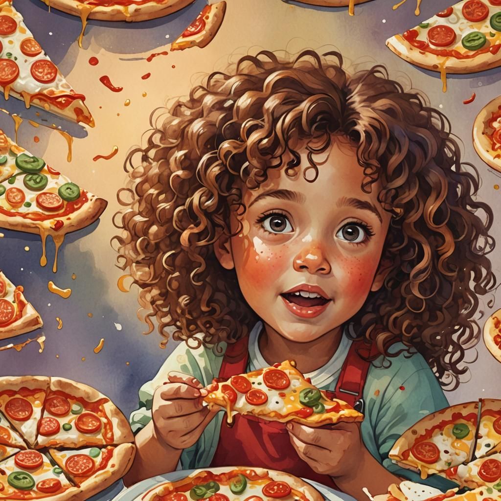 Girl with Curly Hair Eating Pizza Illustration
