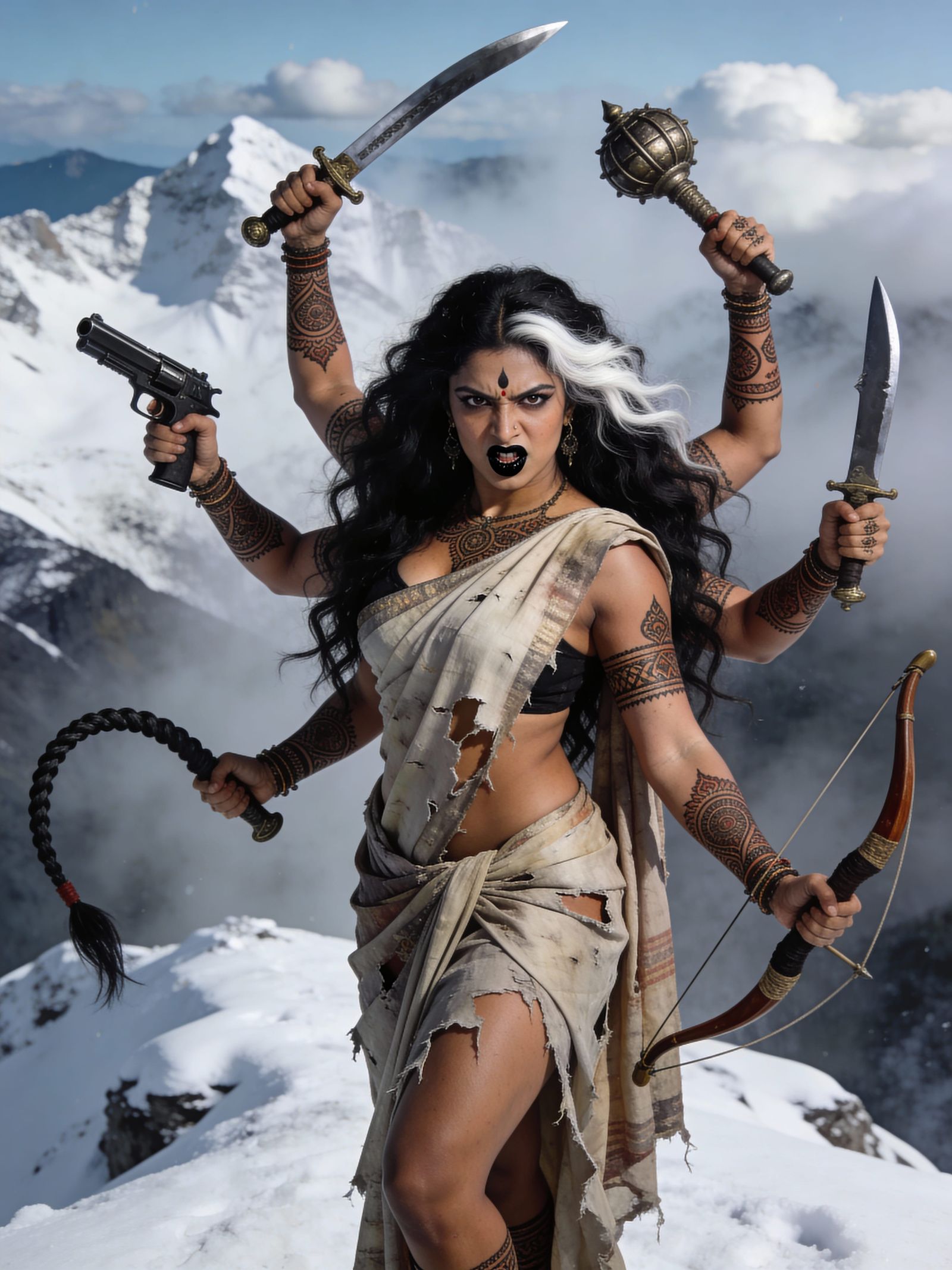 Fierce Goddess Durga with Weapons on Snowy Mountain