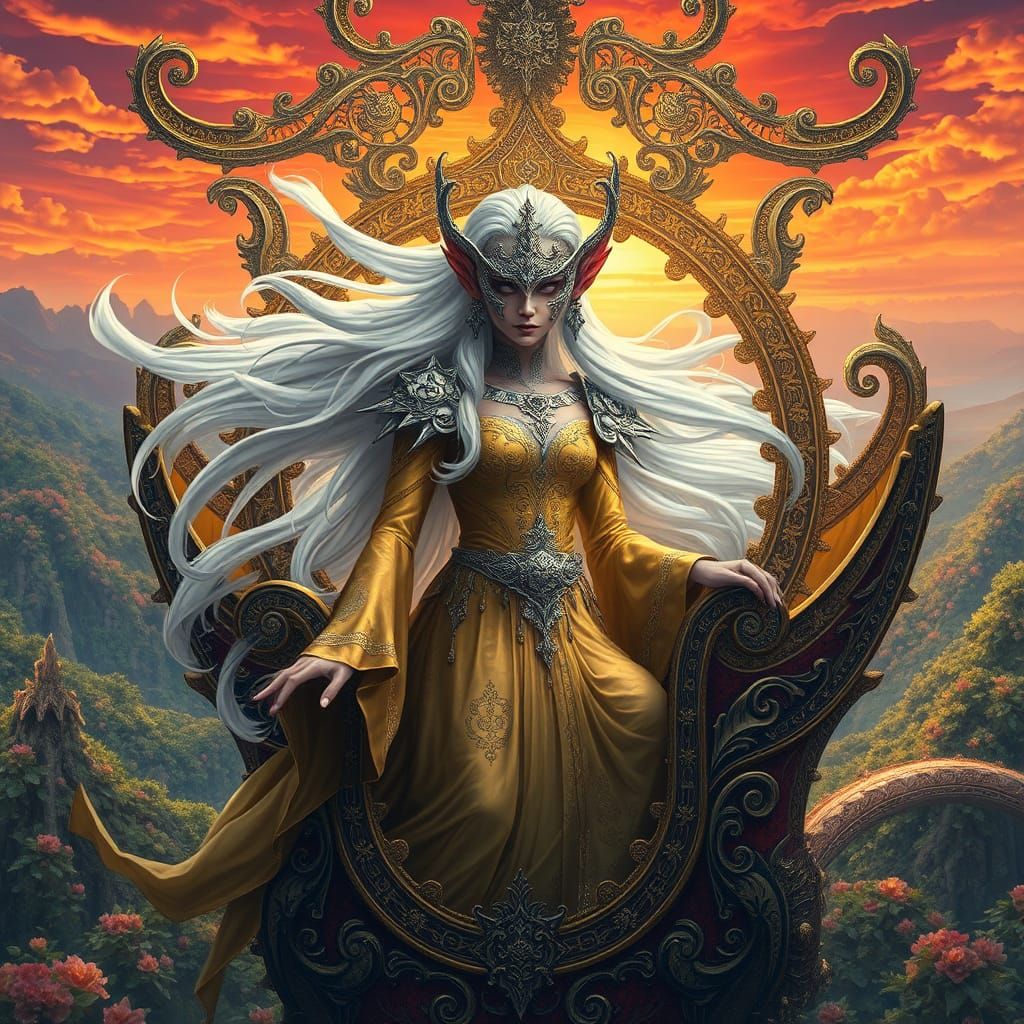 High-Elf in Chariot with Fiery Sky, in Digital Art Style