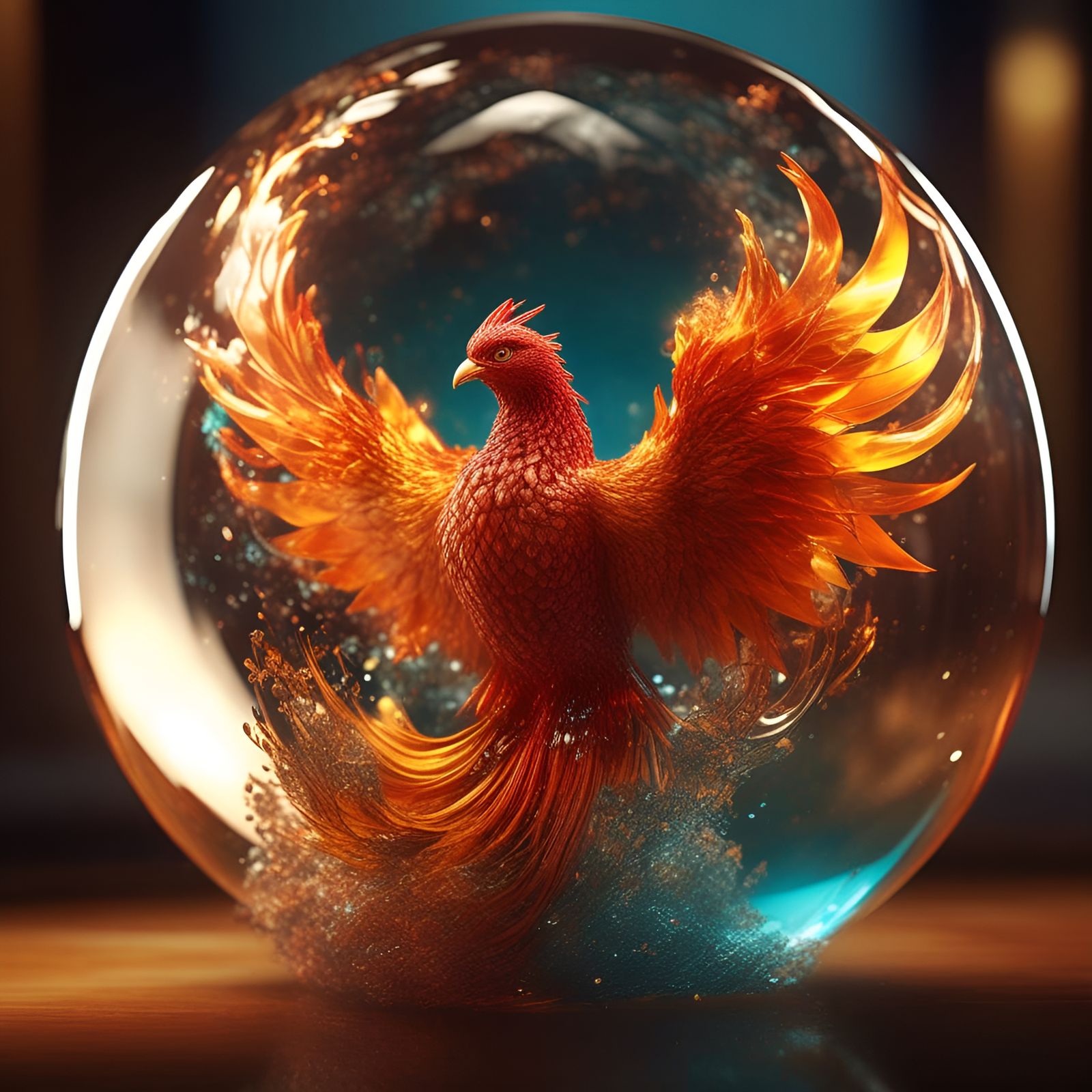 Phoenix in Glass Sphere: Photorealistic CGI Masterpiece