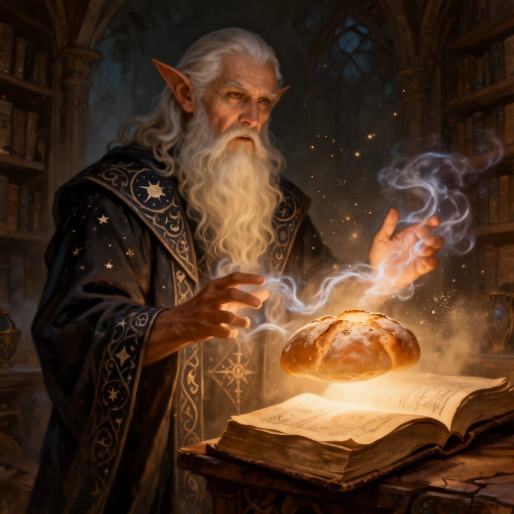 Elf Wizard Conjures Light for Enchanted Bread in Library