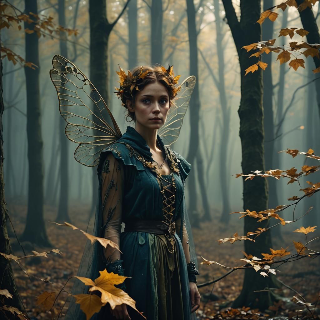 October Fairy in Misty Forest, Film Noir Aesthetic