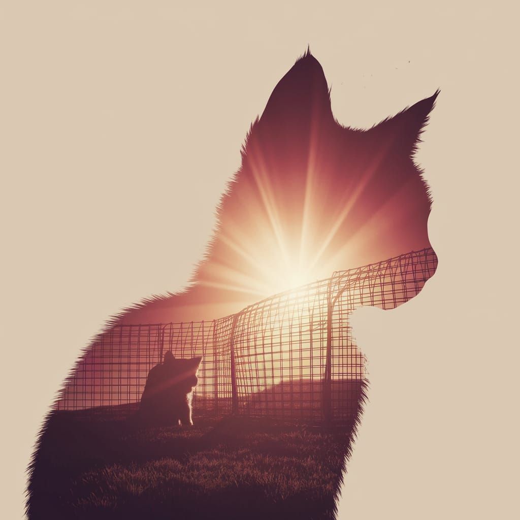 Fantasy Poster of Kitten Silhouette in Wire Landscape with D...