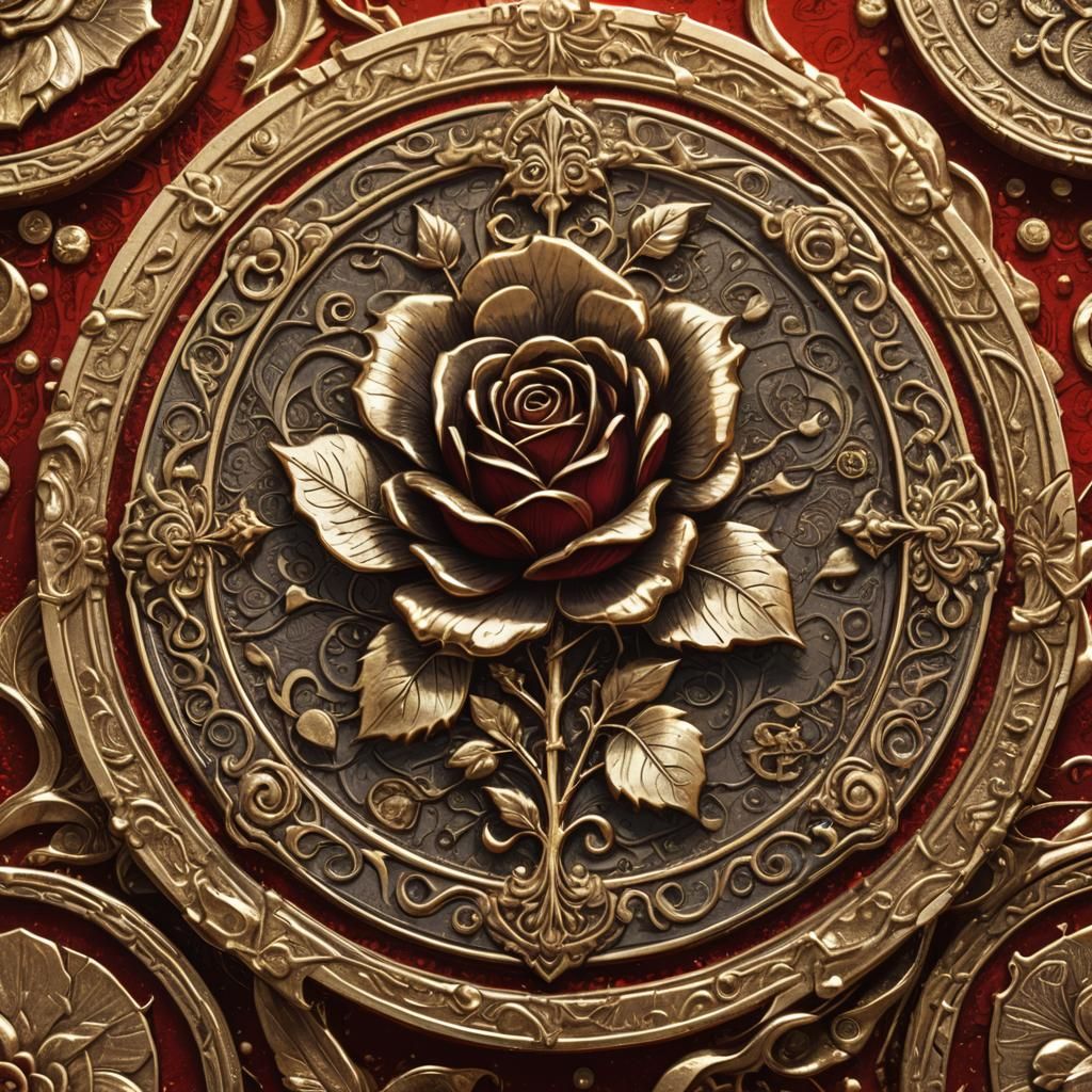 Golden Fantasy Coin with Rose, Digital Art