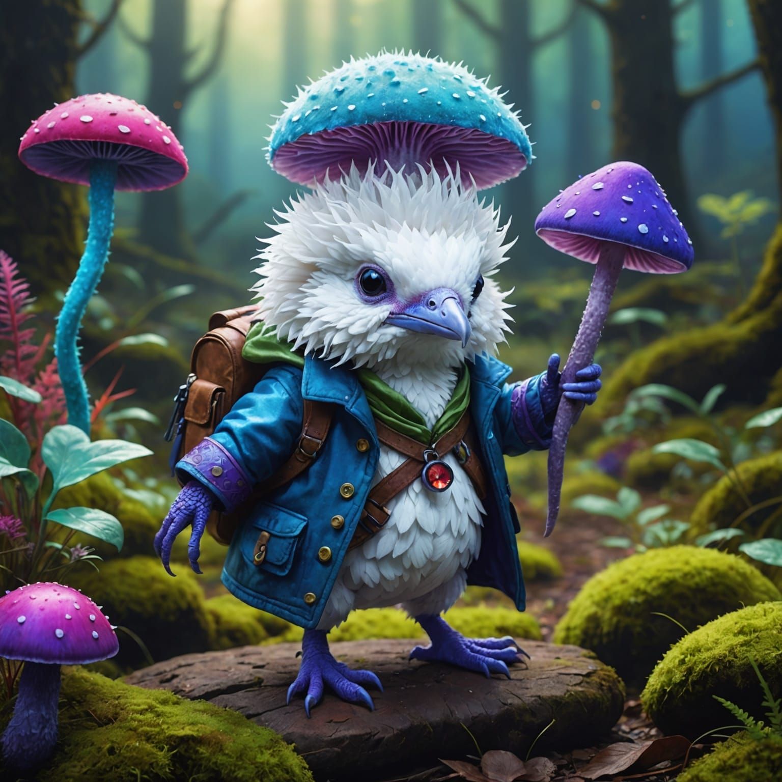 Fluffy Bird and Axolotl Explorer in Fantasy Landscape