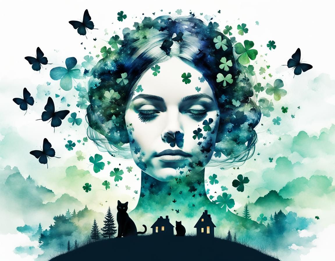 Surreal Double Exposure Art: Woman with Clover
