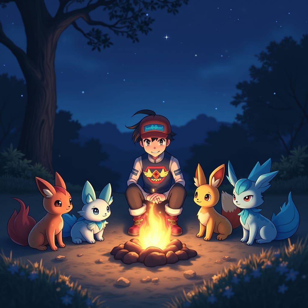 Galaxy Team Trainer Sits by Magical Campfire Under Starry Ni...