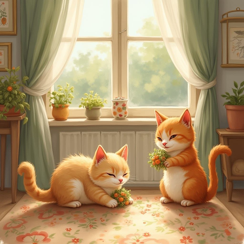 Whimsical Cats Playing in Cozy Room