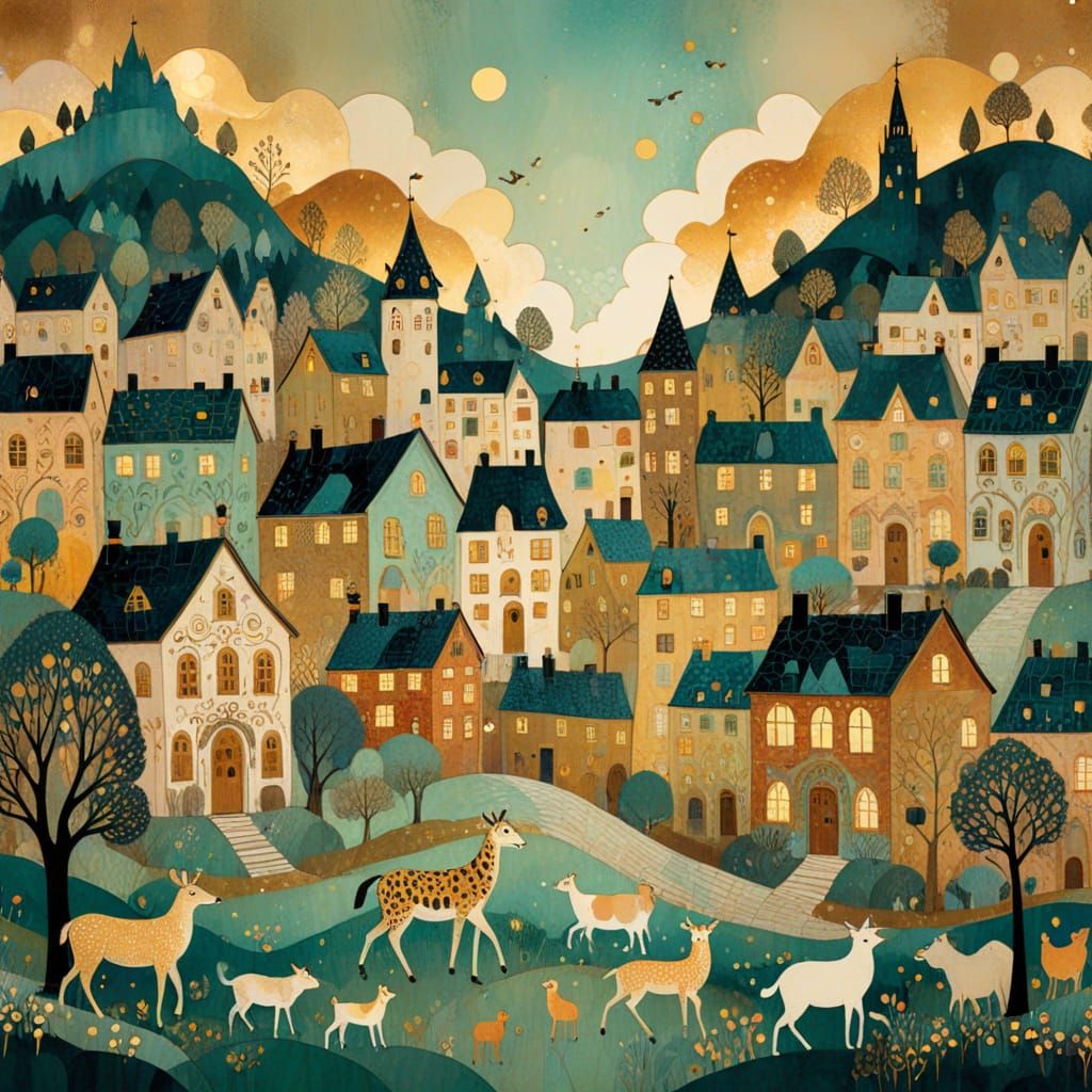 Whimsical Animal Town with Klimt Patterns