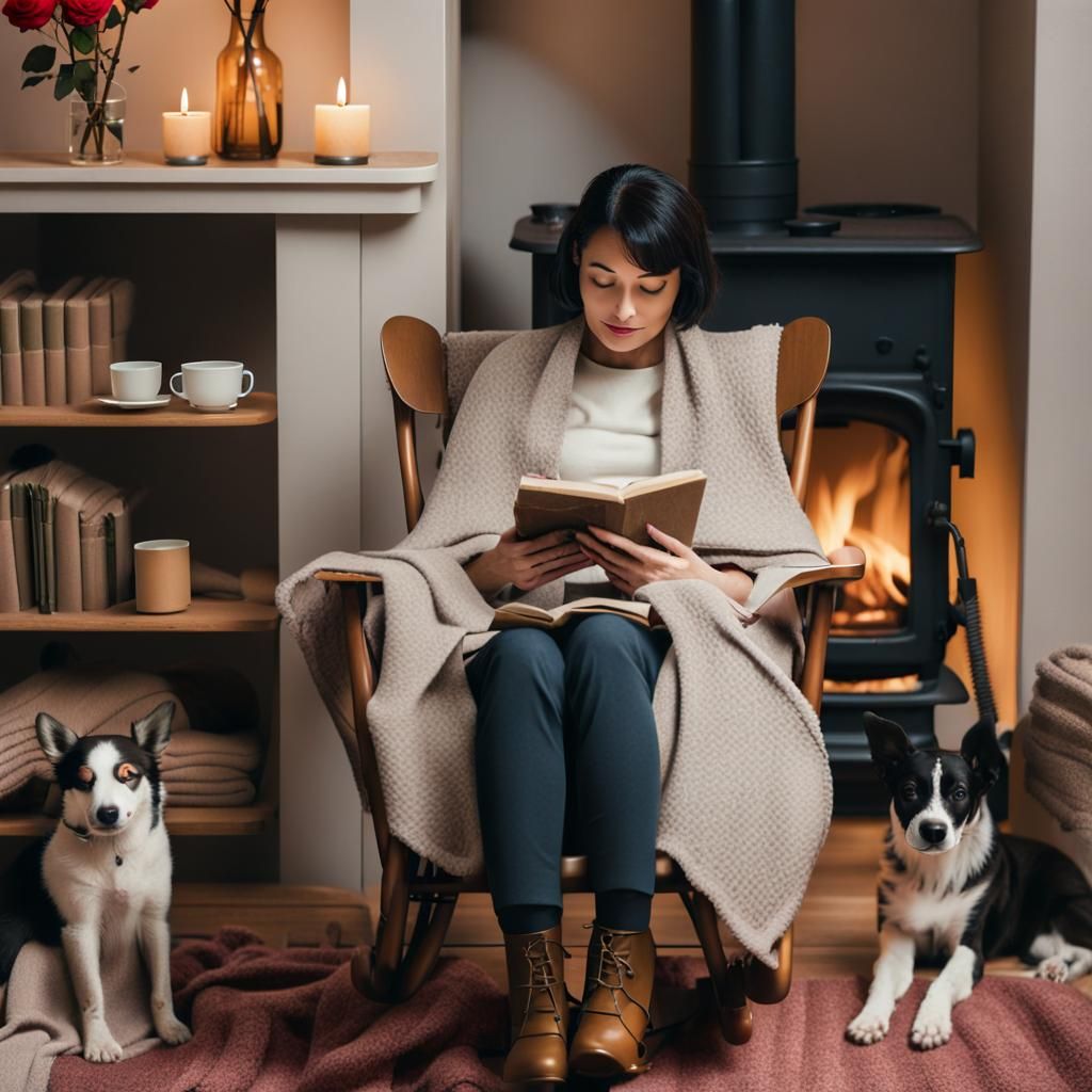 Cozy Girl Reading Book in Warm Impressionist Interior