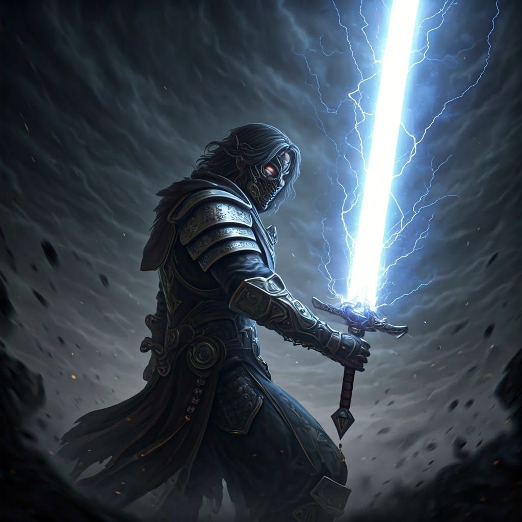 Warrior with Lightning Sword in Fantasy World