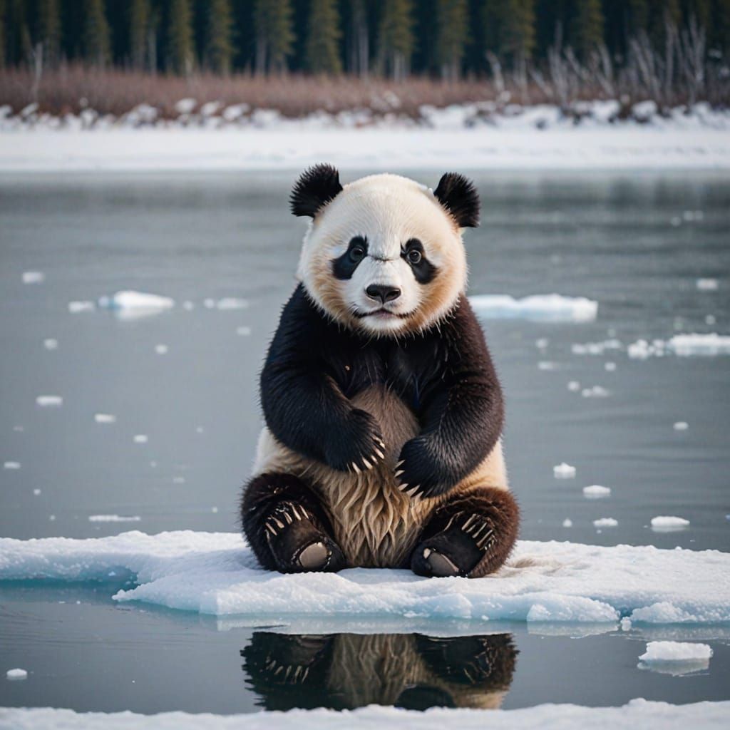 Surreal Winter Scene of a Baby Panda on a Frozen Lake