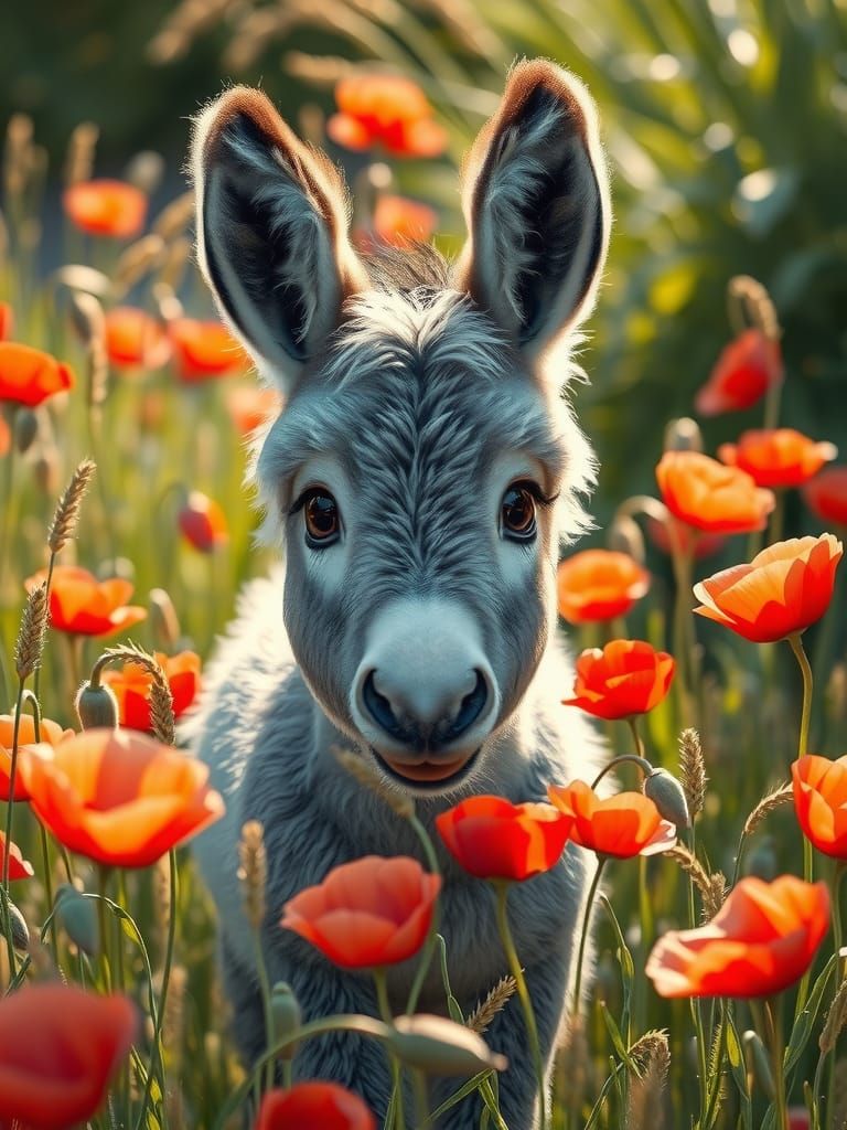 Adorable Donkey Foal in Poppy Field: Impressionistic Style