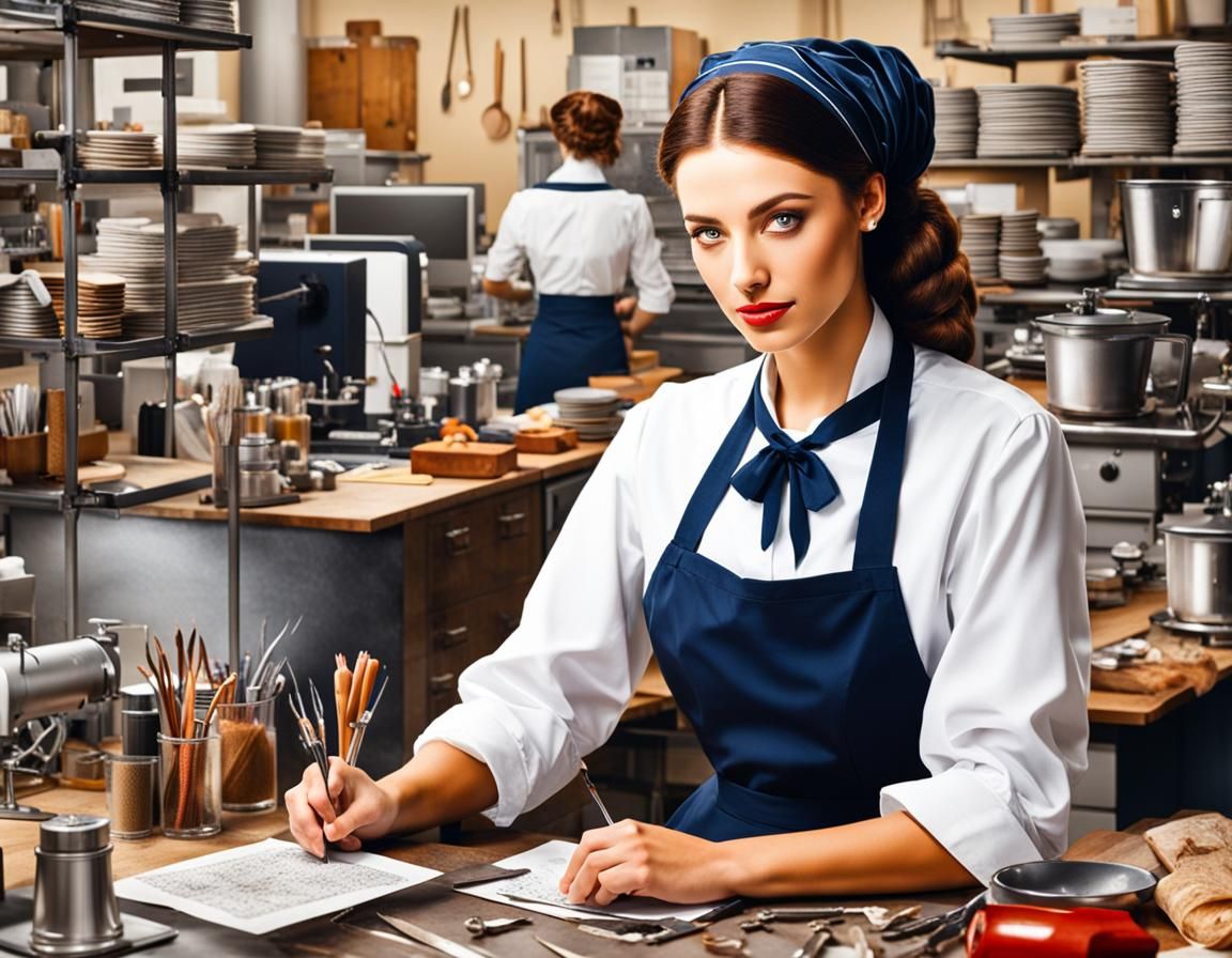 Capable Woman Surrounded by Chef and Office Supplies