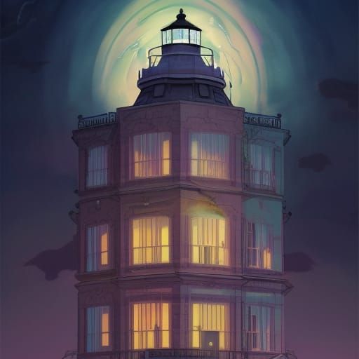 Sinister Cyber-Victorian Lighthouse in Comic Book Style