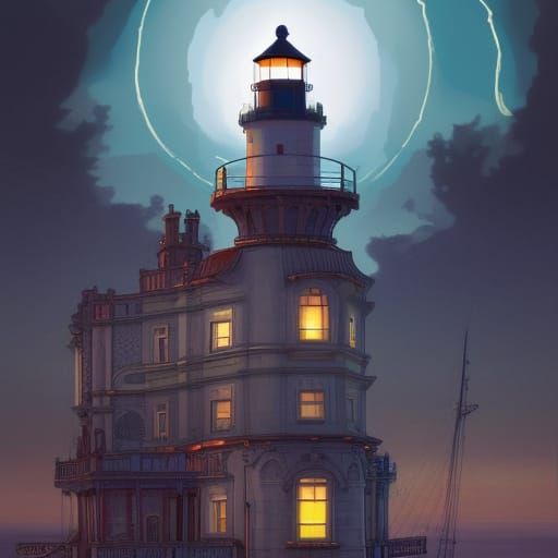 Cyber-Victorian Haunted Lighthouse Comic Book Illustration