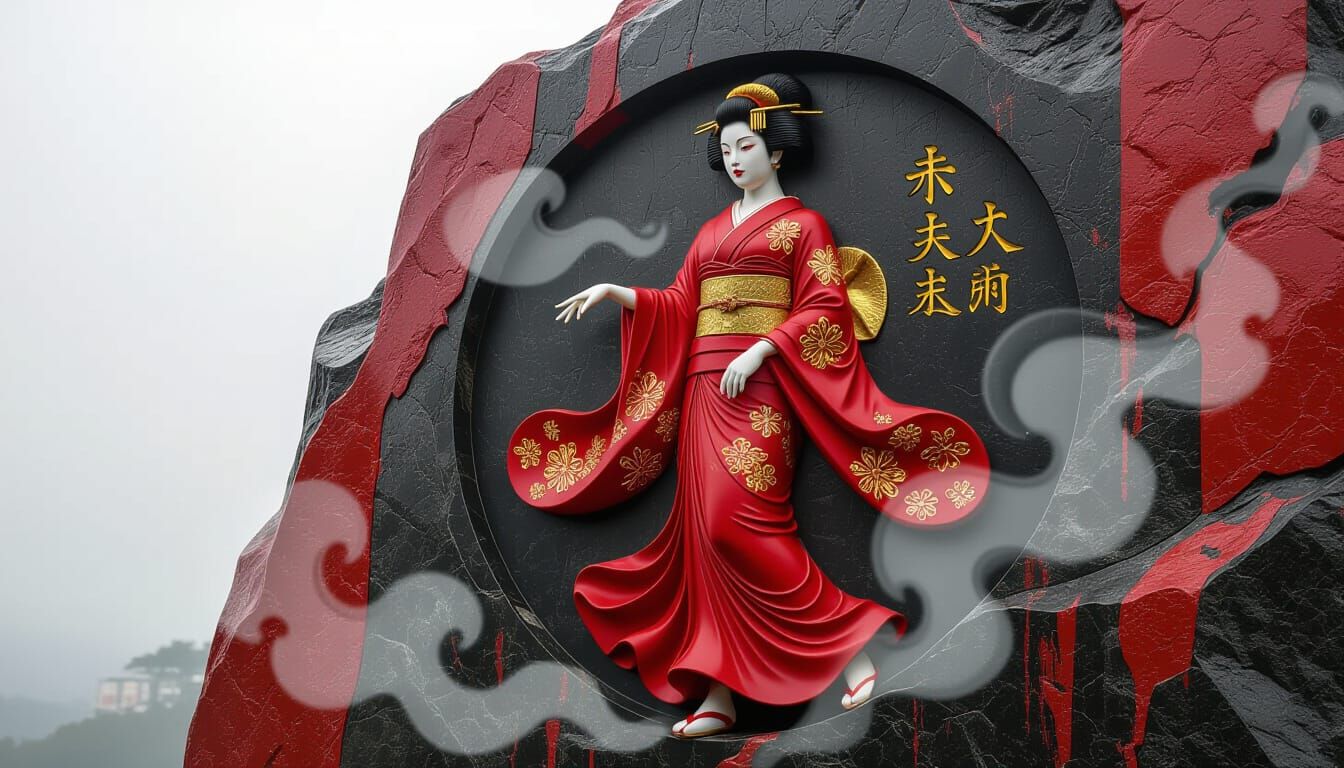 Golden Geisha Bas-Relief in Onyx Stone