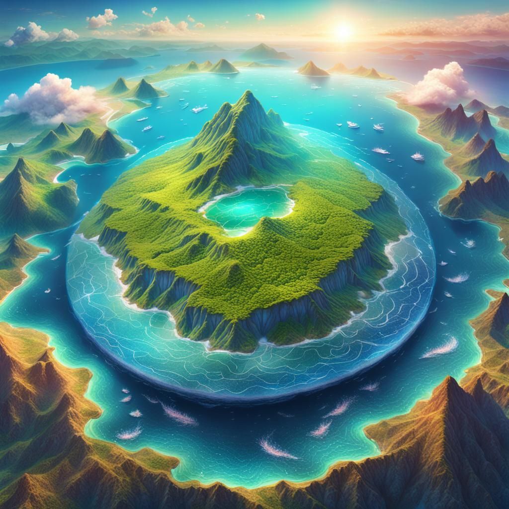 Mountainous Island Surrounded by Ocean: Astral Illustration