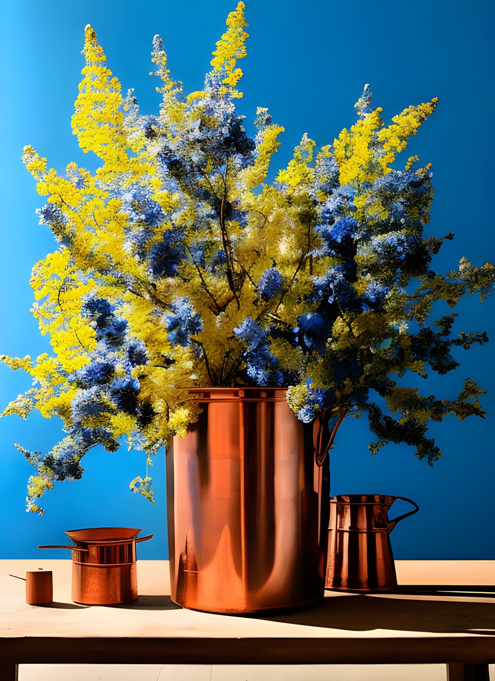 Hyperreal Flowers on Butcher Table, Pollock Vermeer Style