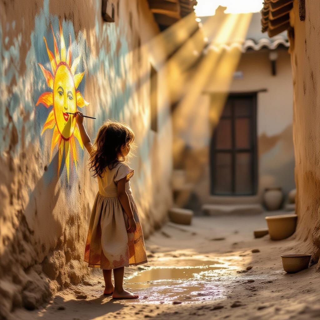 Girl Paints Sun in Dusty Courtyard, Hyperrealistic Style