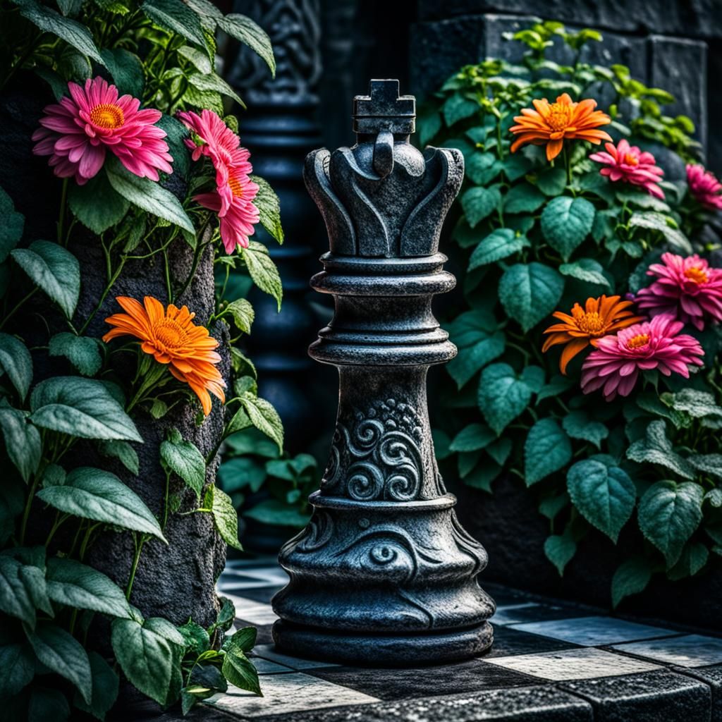 Chess Piece Overgrown with Flowers, Hyperrealistic
