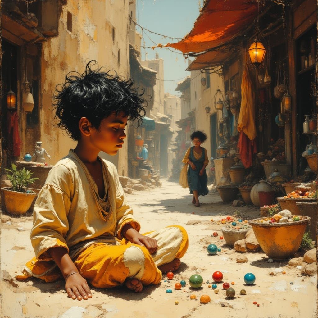 Moroccan Boy Playing Marbles in Busy Market