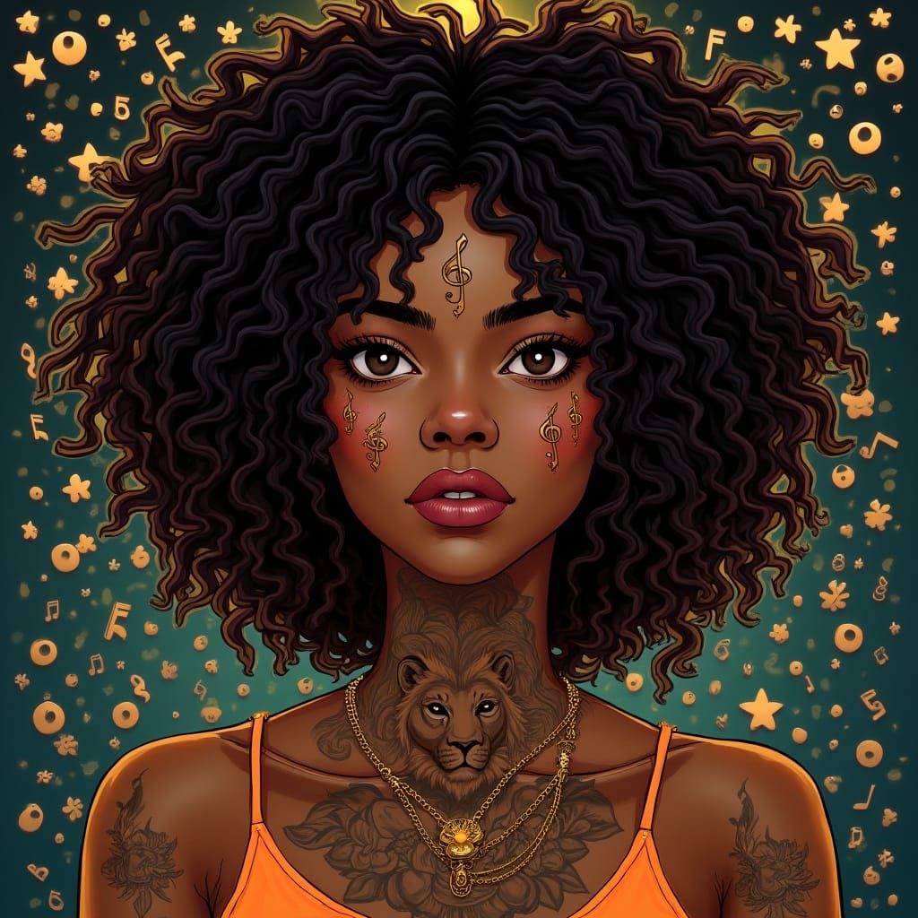Afrofantasy Portrait of Woman with Lion Tattoo and Macrame H...