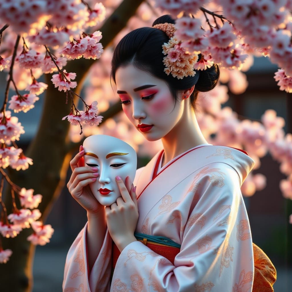 Sorrowful Geisha with Kintsugi Mask Under Cherry Blossoms