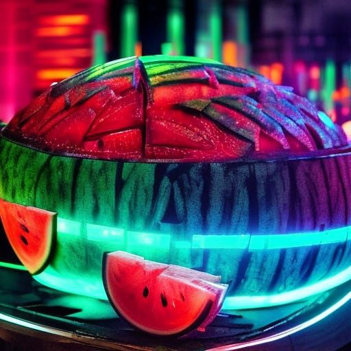 Cyberpunk Watermelon Sculpture with Holographic Letters