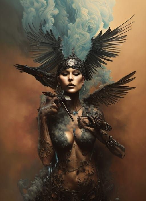 Smoky Raven with Pipe as Fantasy Art