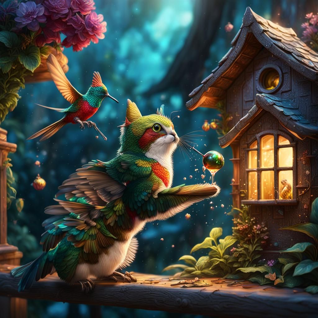 Hummingbird and Cat Play in Detailed Matte Painting