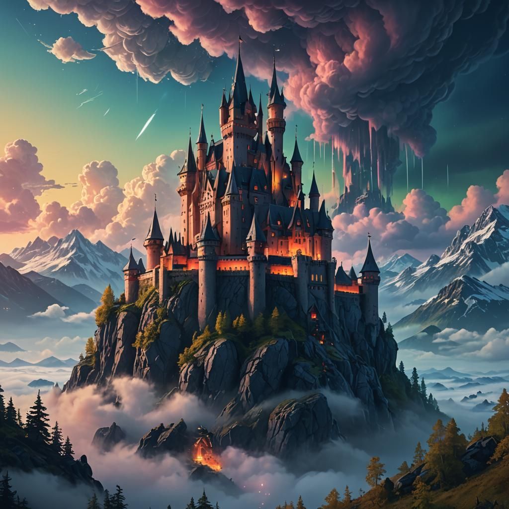 Magical Castle in Clouds with Aurora Lights