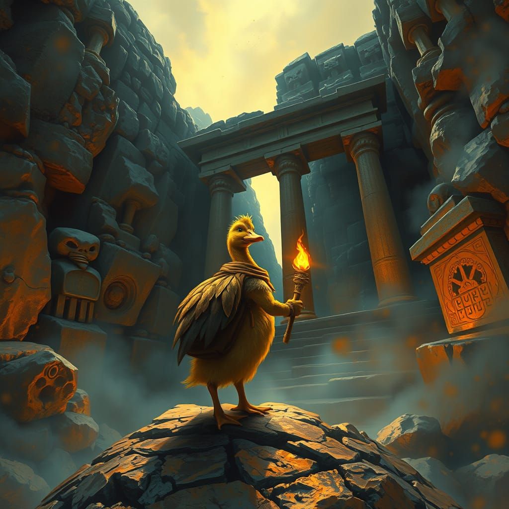 Duck Explorer at Forgotten Temple: Vibrant Oil Painting
