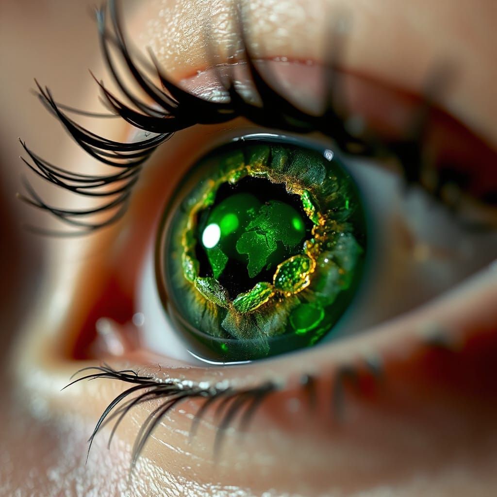 Surrealistic Cosmic World Within a Green Stained Glass Eye