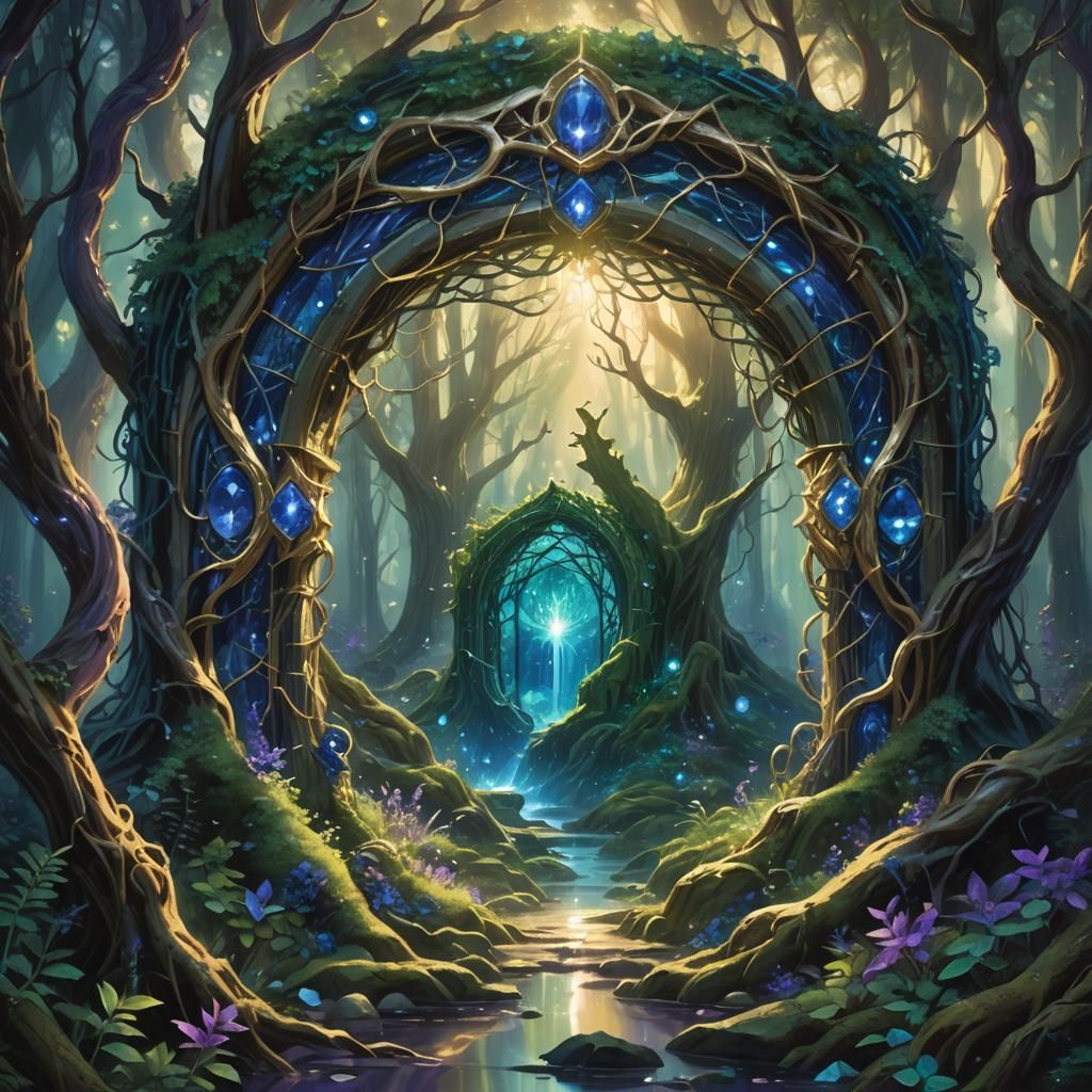Mystical Portal in Sapphire Forest, Fantasy Concept Art