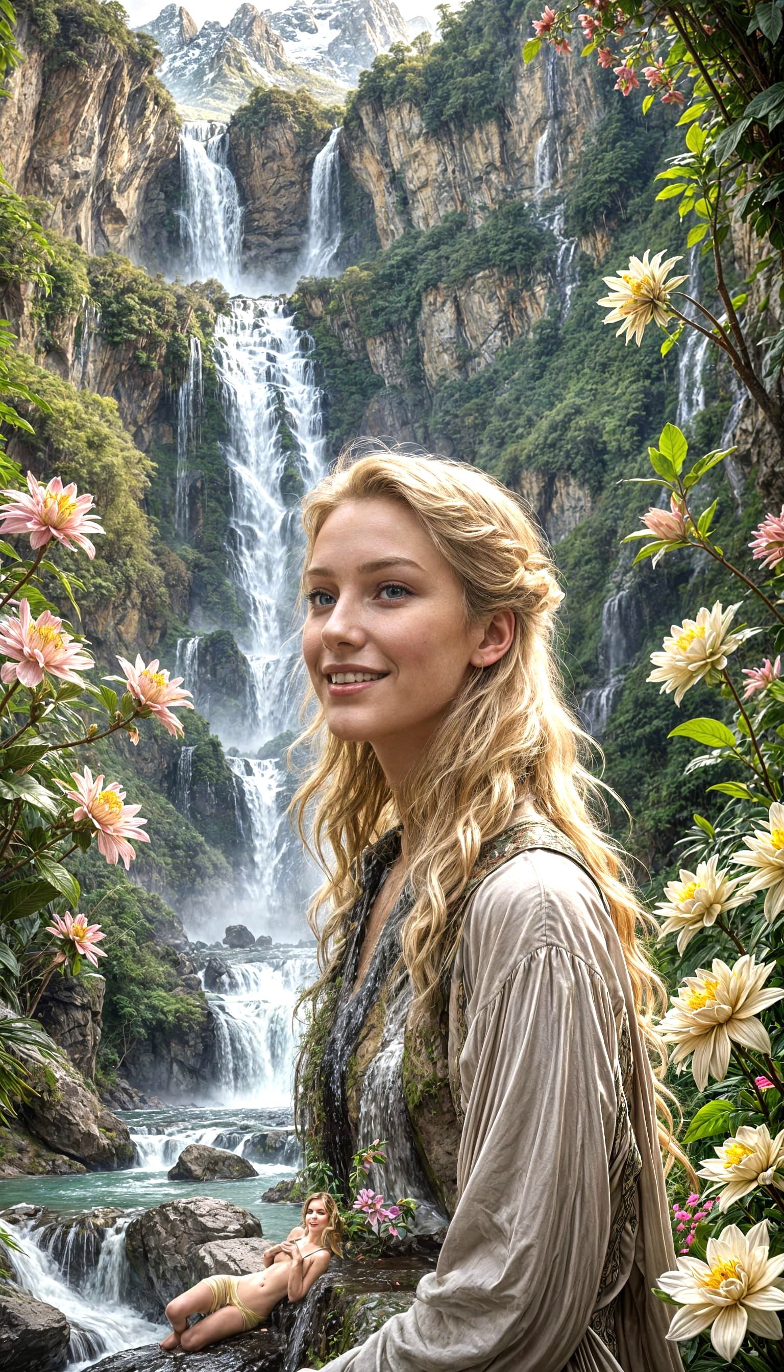 In a panoramic wide shot with the background of snowy mounta...