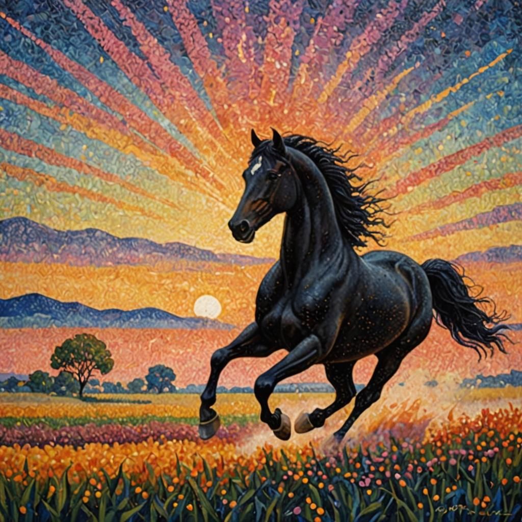Friesian Horse Galloping: Pointillism Style Painting