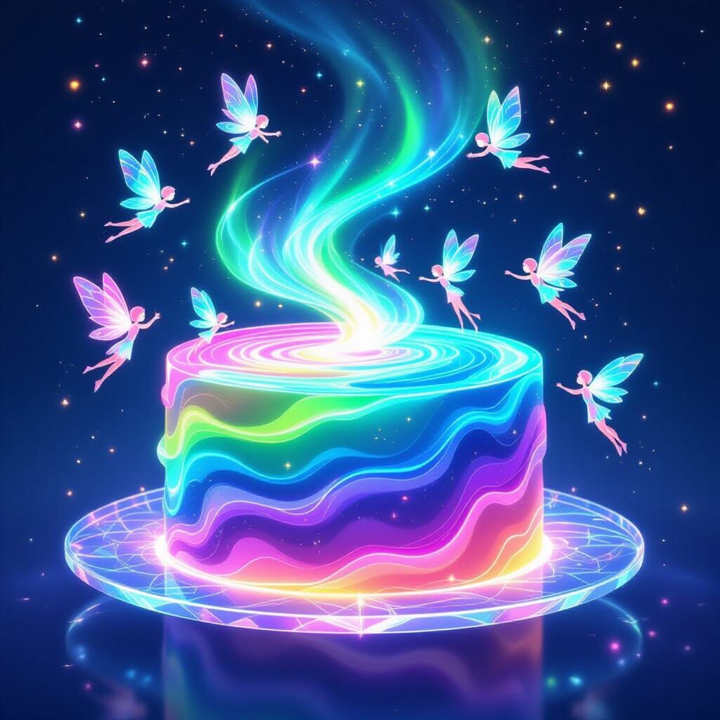 A multi-layered cake made entirely from swirling liquid auro...