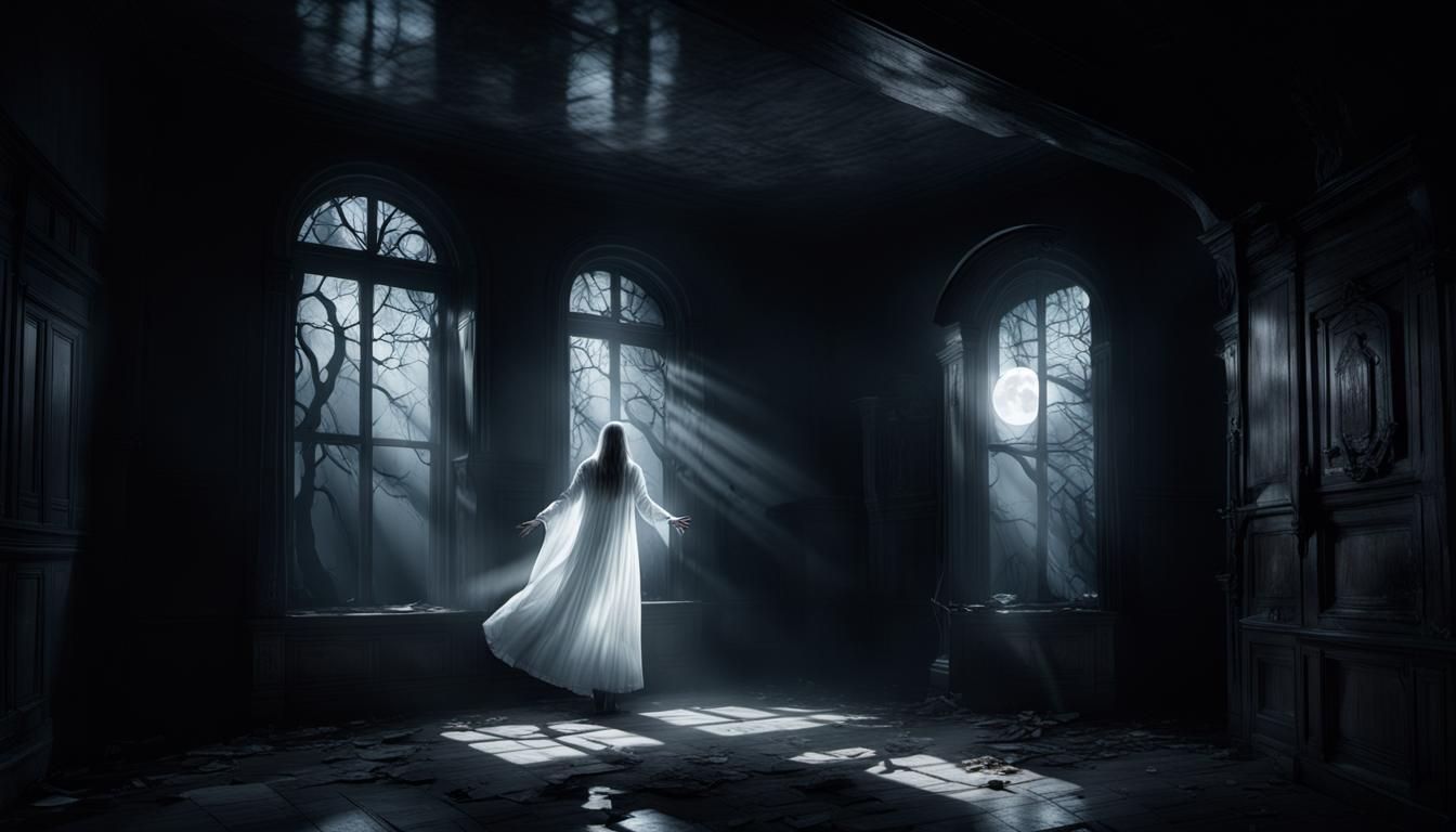 Ethereal Figure in Haunted Mansion, Cinematic Style