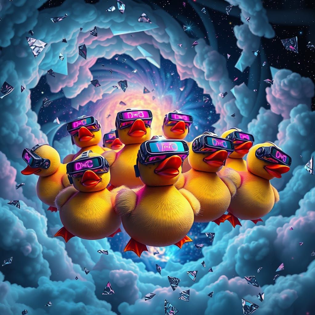 Surreal Rubber Ducklings Navigate Cosmic Dreamscape