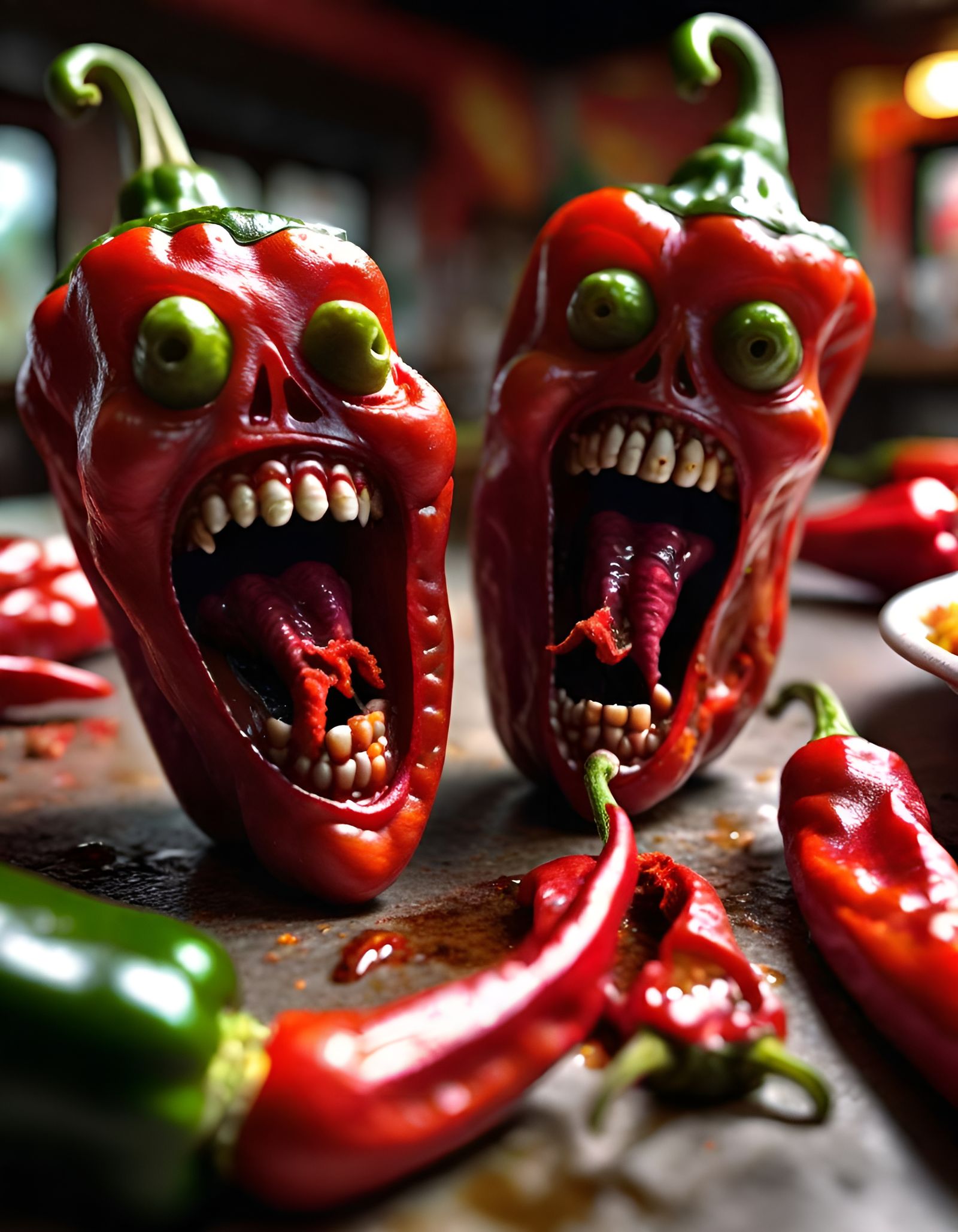 Evil Zombie Jalapeños in Restaurant, Hyperrealism
