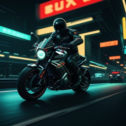 Motorcyclist Speeds Down Highway in Cyberpunk Style
