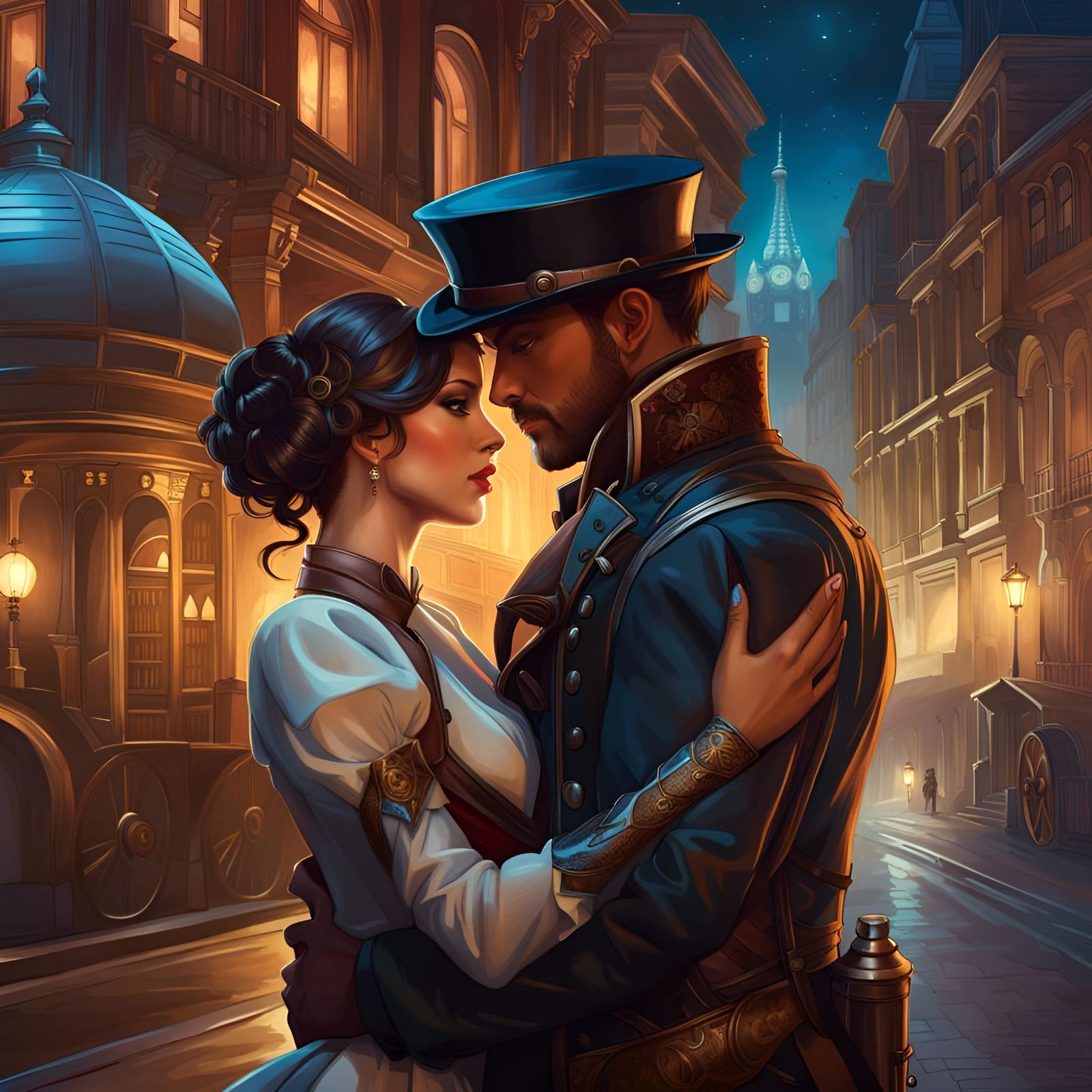 Steampunk Couple Embrace in Street at Night