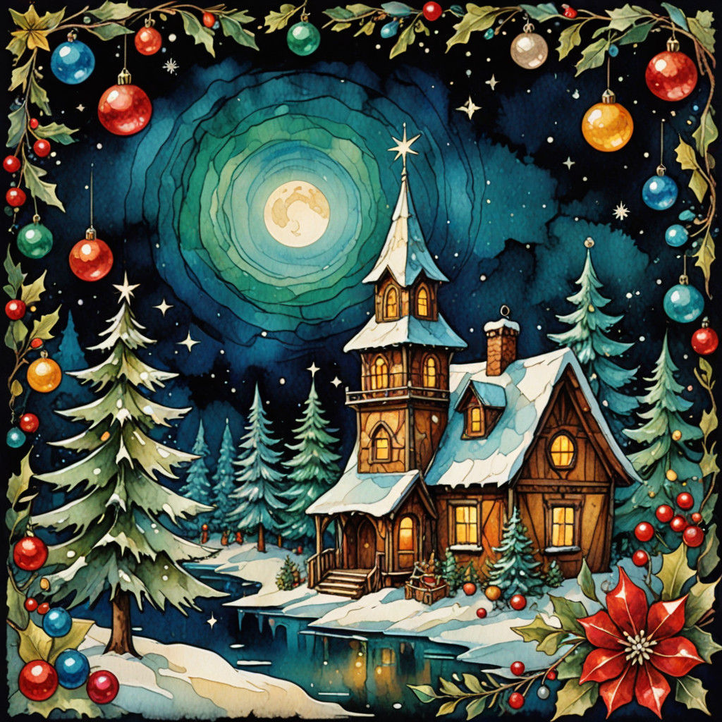 Christmas Folk Art Illustration in Vintage Style