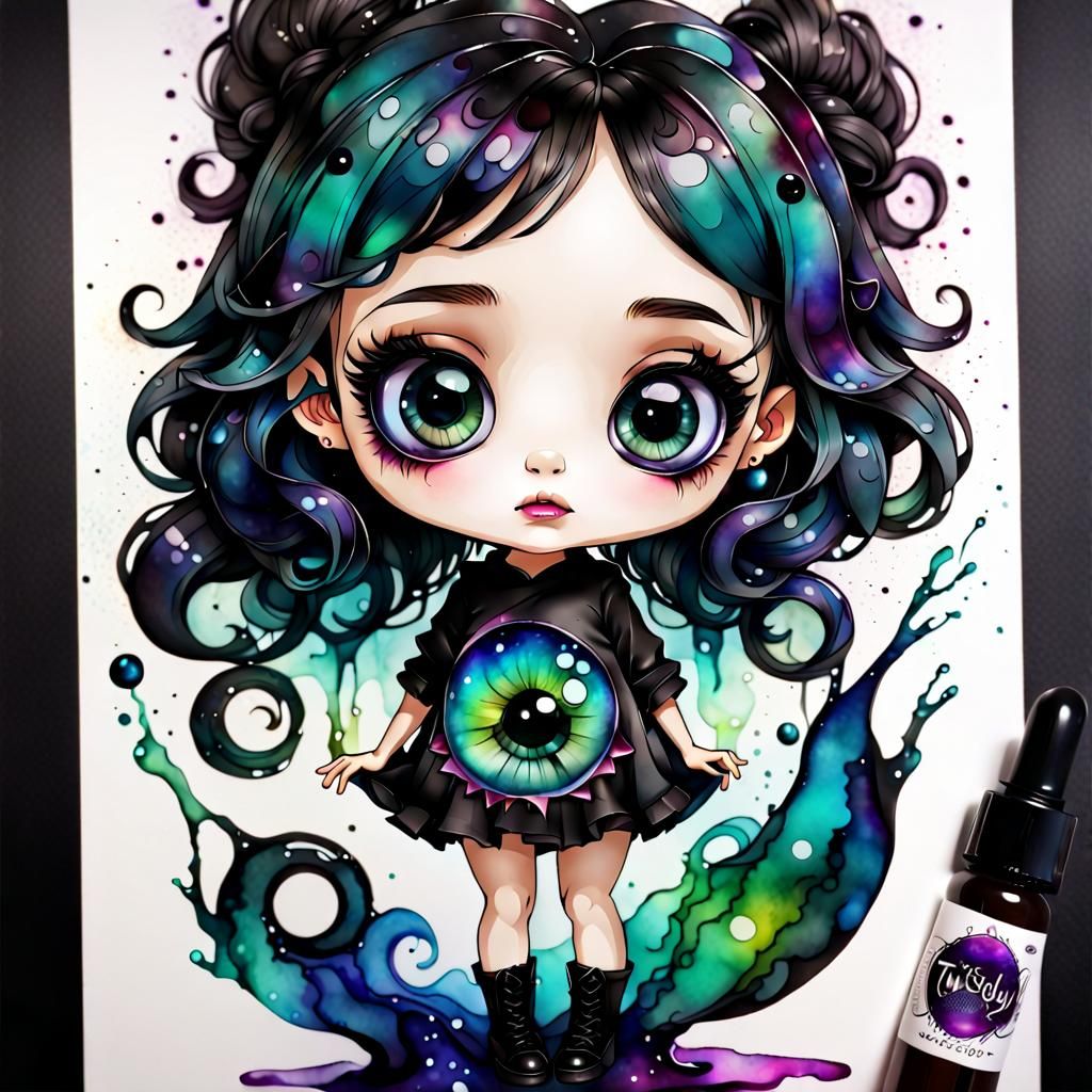 Otherworldly Chibi with Dark Eyes in Alcohol Ink