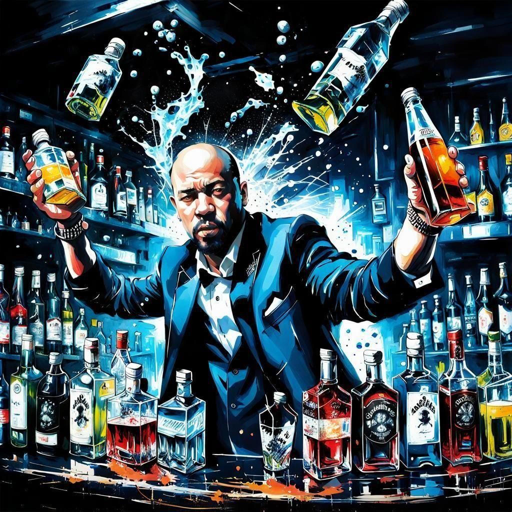 Hip Hop Bartender Juggling Bottles in Club Illustration